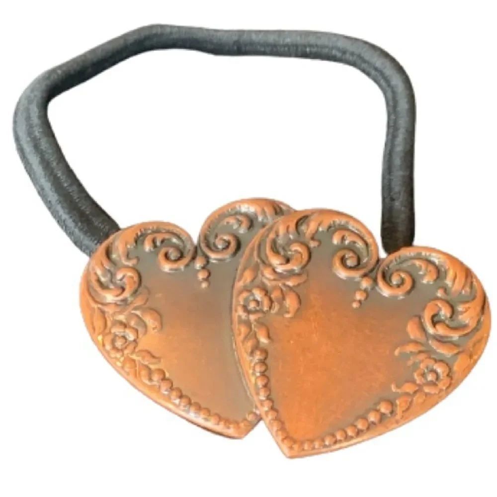 Hammered Copper Double Heart Hair Tie Ponytail Holder